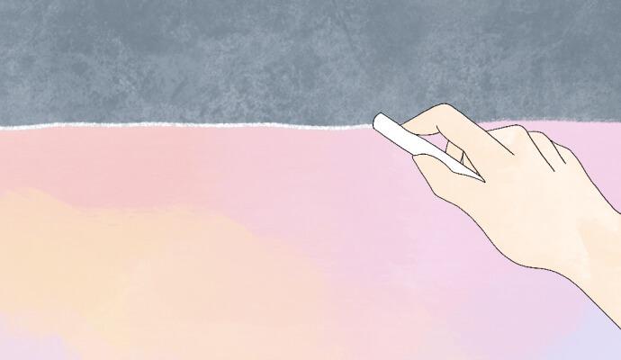 An illustration of a hand drawing a chalk line between a pink watercolor area and a grey area.