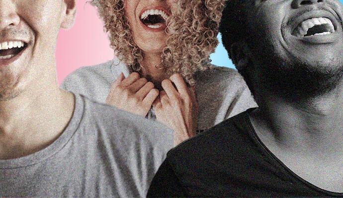 A collage of three people. All three are smiling with their mouths wide open.