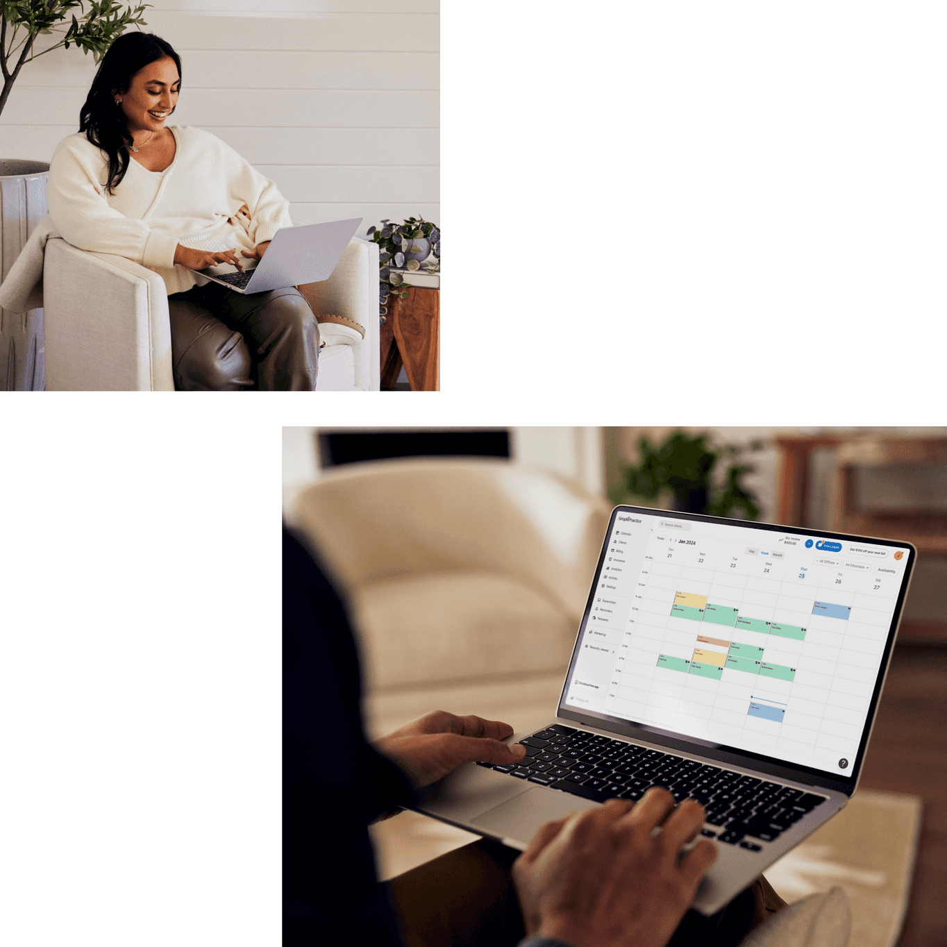 One image of a clinician sitting and using a laptop, and another of a laptop screen displaying SimplePractice