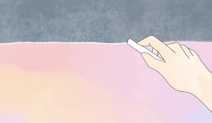 An illustration of a hand drawing a chalk line between a pink watercolor area and a grey area.